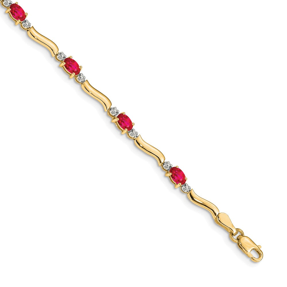 14K Yellow Gold Complete Diamond and Oval Ruby Wavy Link 7 Inch Bracelet