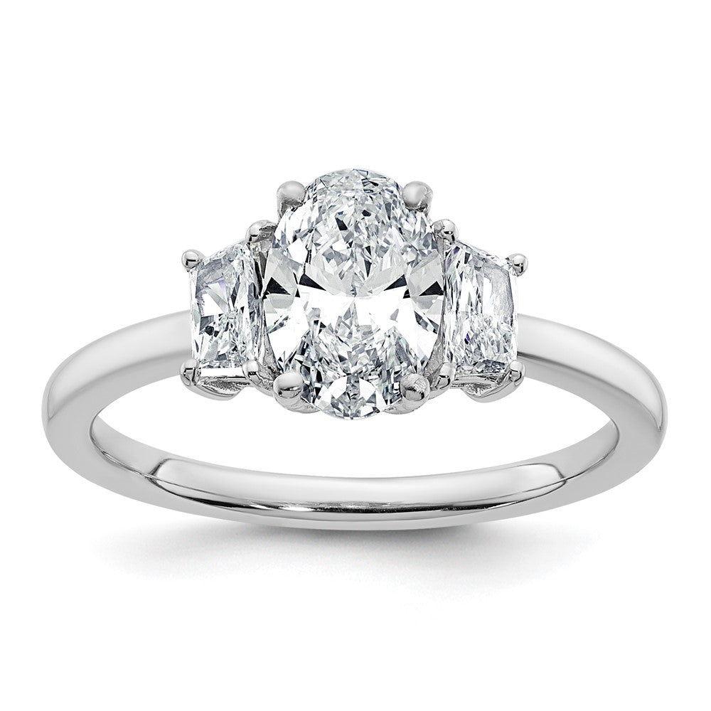 14K White Gold 1 3/8 carat Certified Lab Grown Diamond VS+ F+ Oval and Trapezoid Complete Three Stone Engagement Ring