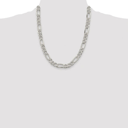 Sterling Silver Rhodium-plated 9.5mm Pav‚ Flat Figaro 22 Inch Chain
