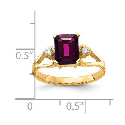 14K Yellow Gold 8x6mm Emerald Cut Rhodolite Garnet VS Diamond ring