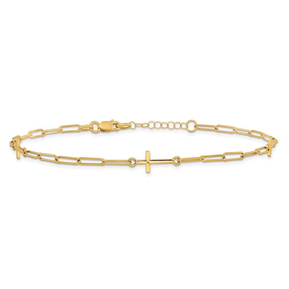 14K Yellow Gold Cross and Paperclip Link 3-Station 9 Inch Plus 1Inch Extender - Total 10 Inch Anklet