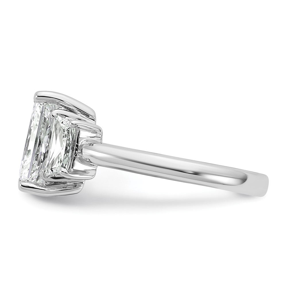 14K White Gold 3/4 carat Lab Grown Diamond VS+ F+ Trapezoid 2 1/2 carat Radiant Center Semi Mount Three Stone Engagement Ring