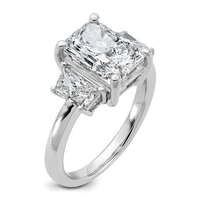 14K White Gold 4 carat Lab Grown Diamond VS+ F+ Radiant and Trapezoid Complete Three Stone Engagement Ring