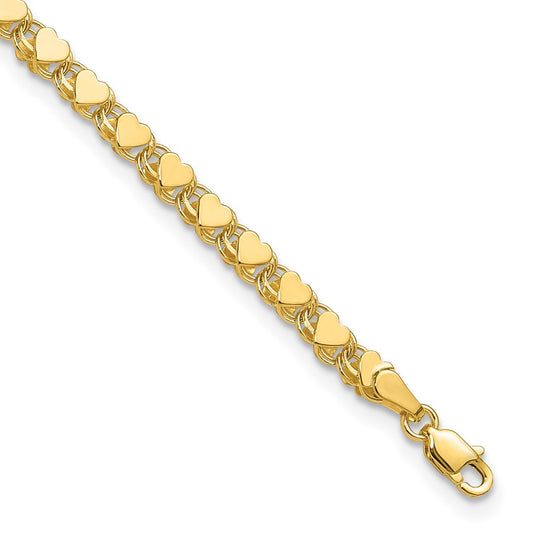14K Yellow Gold Polished Double-Sided Heart Solid 4mm Double Link 7 Inch Charm Bracelet