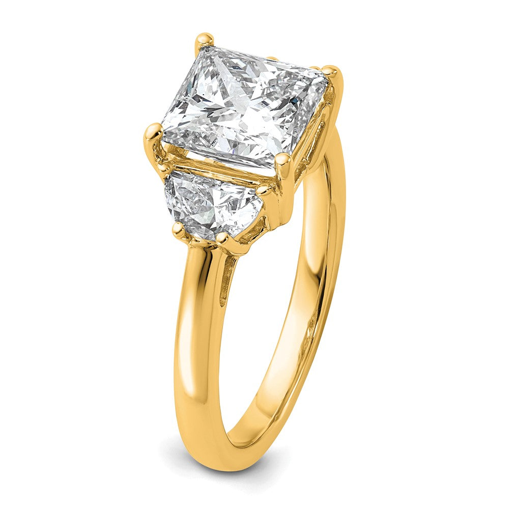 14K Yellow Gold 3 1/8 carat Certified Lab Grown Diamond VS/SI+ G+ Princess and Half Moon Complete Three Stone Engagement Ring