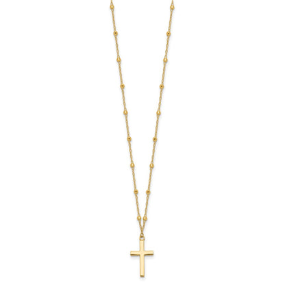 14K Yellow Gold Mirror Beaded Chain with Polished Cross Pendant 16.25 Inch Necklace Plus 2 Inch Extender
