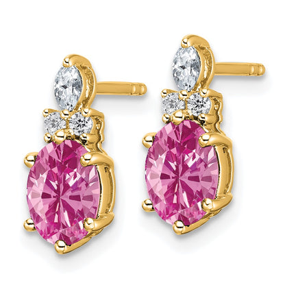 14K Yellow Gold Diamond and 7x5 Oval October/Lab Created Pink Sapphire Post Earrings