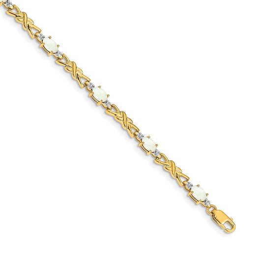 14K Yellow Gold Complete Diamond and Oval Opal X-design 7.25 Inch Bracelet