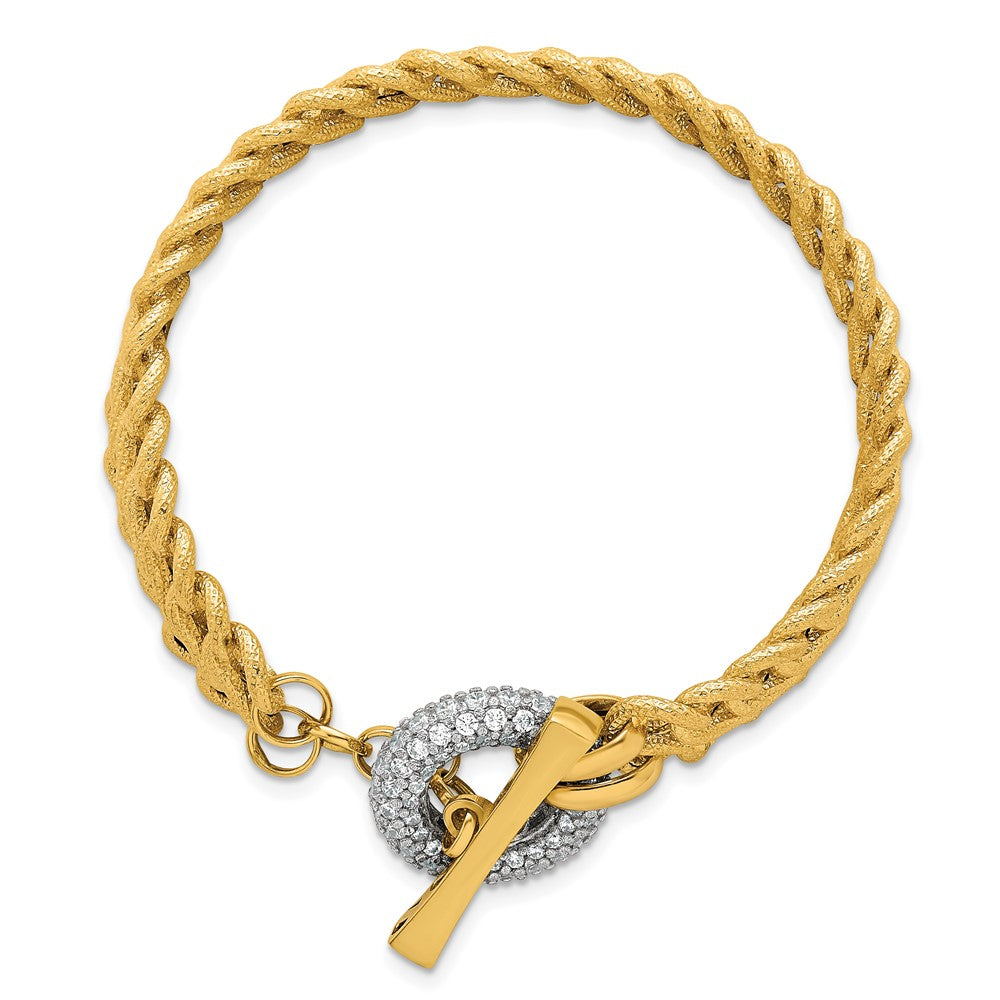 14K Yellow Gold with Rhodium 12.25mm Textured Fancy Chain with CZ Toggle 7.5 Inch Bracelet
