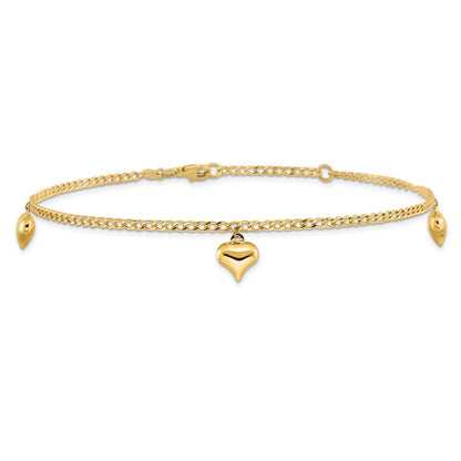 14K Yellow Gold Polished Curb Chain with 3 Puffed Heart Dangles 9 Inch Plus 1 Inch Extender - Total 10 Inch Anklet