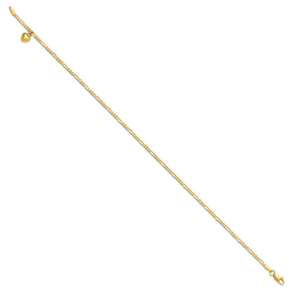 14K Yellow Gold Figaro Link Chain with Dangling Puffed Heart 10 Inch Anklet