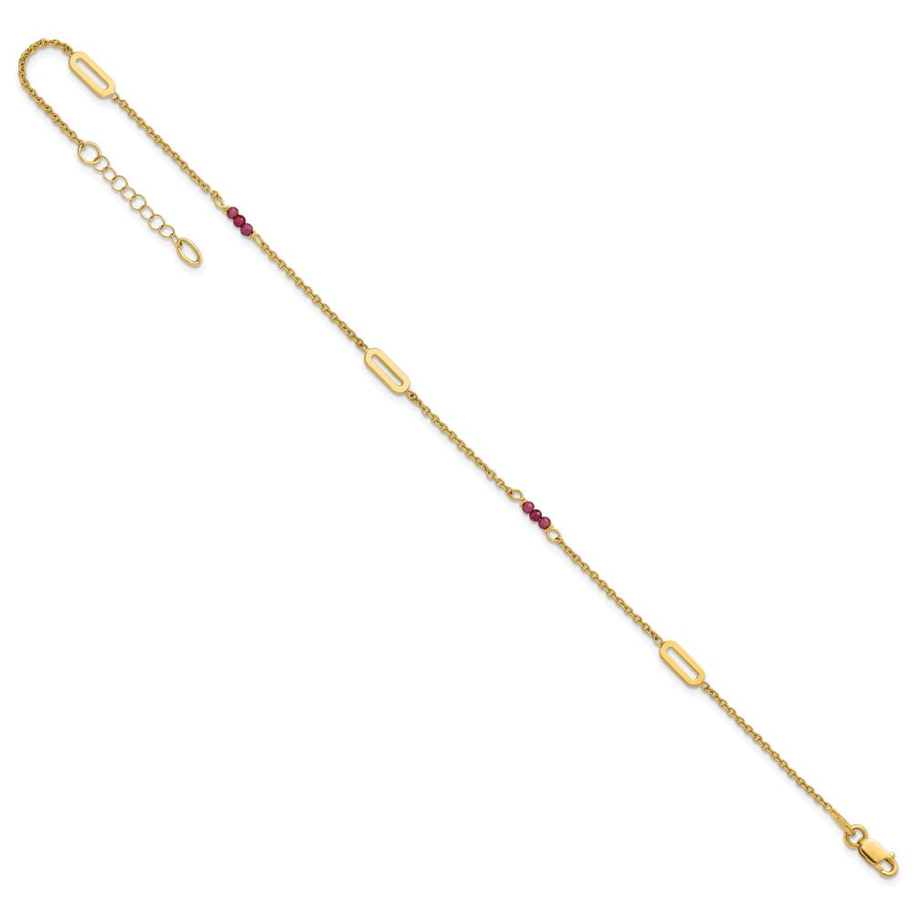 14K Yellow Gold Polished Red Corundum Beads and Ovals 9 Inch Plus 1 Inch Extender - Total 10 Inch Anklet