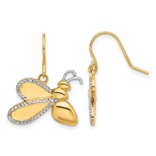 14K Yellow Gold and Rhodium Diamond-cut Large Bee Dangle French Hook Earrings