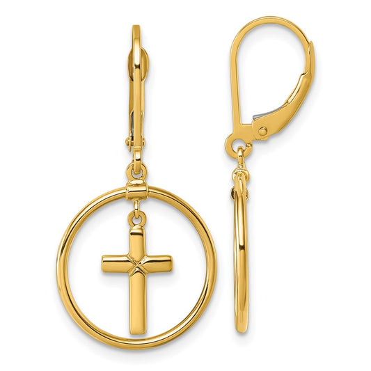 14K Yellow Gold Polished Cross in Circle Leverback Dangle Earrings