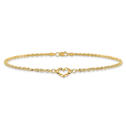 14K Yellow Gold Diamond-cut Open Heart and Rope Chain 10 Inch Anklet