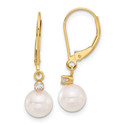 14K Yellow Gold 7-8mm Round Akoya Saltwater Cultured Pearl and .10 Carat Diamond Dangle Leverback Earrings