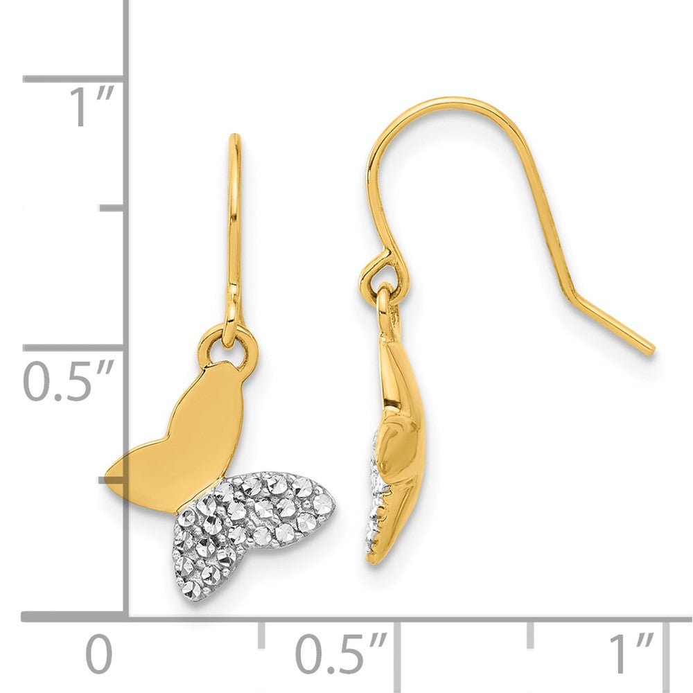 14K Yellow Gold and Rhodium Diamond-cut Butterfly Dangle French Hook Earrings