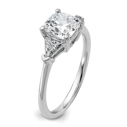 14K White Gold 1/2 carat Lab Grown Diamond VS+ F+ Triangle 1 1/2 carat Cushion Center Semi Mount Three Stone Engagement Ring
