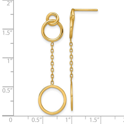 14K Yellow Gold Polished 2 Circles and Chain Dangle Post Earrings