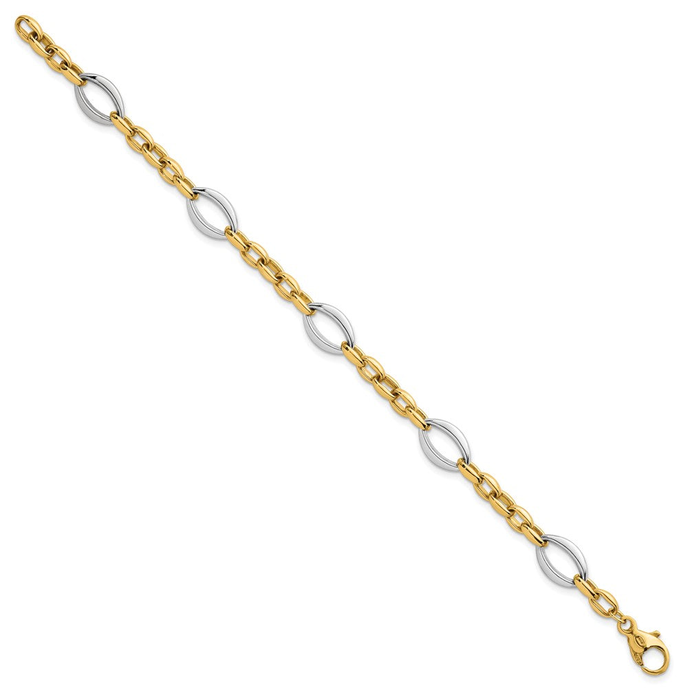 14K Two-Tone Gold Two Tone Polished Oval and Cable Chain 7.25 Inch Bracelet