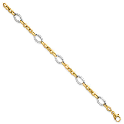 14K Two-Tone Gold Two Tone Polished Oval and Cable Chain 7.25 Inch Bracelet