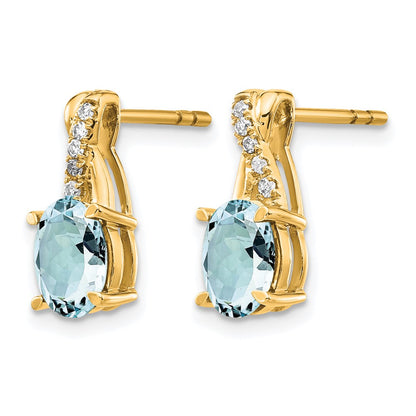 14K Yellow Gold 7x5 Oval March/Aquamarine and Diamond Post Earrings