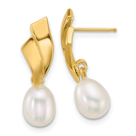 14K Yellow Gold Polished 5-7mm Teardrop Freshwater Cultured Pearl Dangle Post Earrings