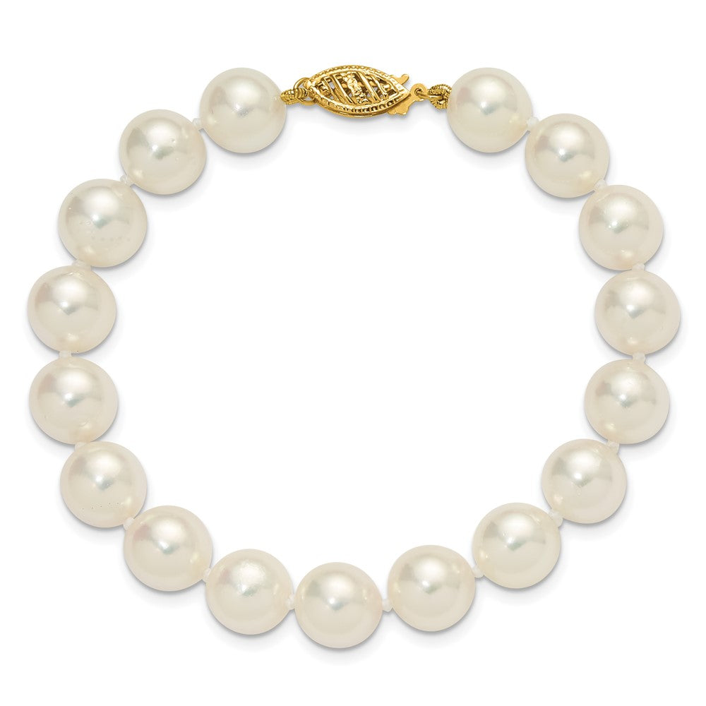 14K Yellow Gold Polished 9-10mm Round Akoya Saltwater Cultured Pearl 7 Inch Bracelet