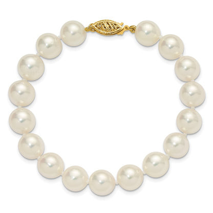 14K Yellow Gold Polished 9-10mm Round Akoya Saltwater Cultured Pearl 7 Inch Bracelet