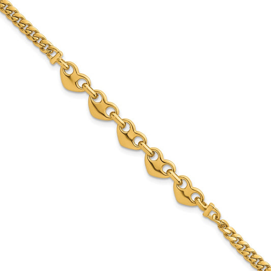 14K Yellow Gold Polished Five Hearts with Curb Link 7 Inch Bracelet
