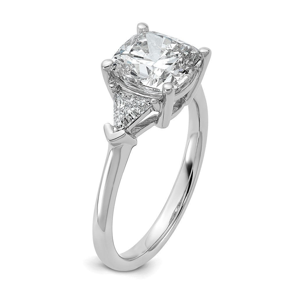 14K White Gold 5/8 carat Lab Grown Diamond VS/SI+ G+ Triangle 2 1/2 carat Cushion Center Semi Mount Three Stone Engagement Ring