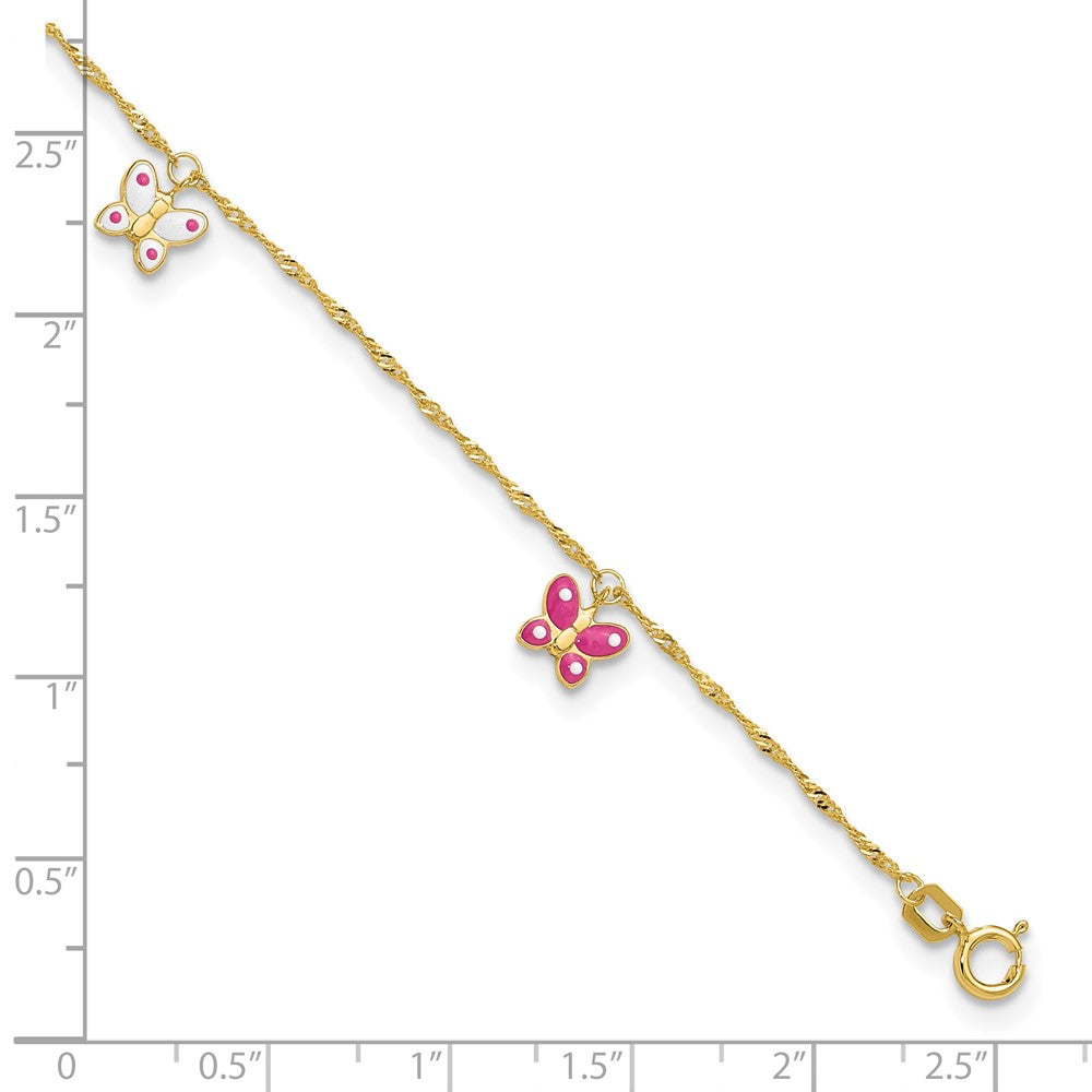 14K Yellow Gold Pink and Enameled Butterfly Dangles 9 Inch Plus 1 Inch Extender - Total 10 Inch Anklet