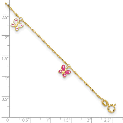14K Yellow Gold Pink and Enameled Butterfly Dangles 9 Inch Plus 1 Inch Extender - Total 10 Inch Anklet