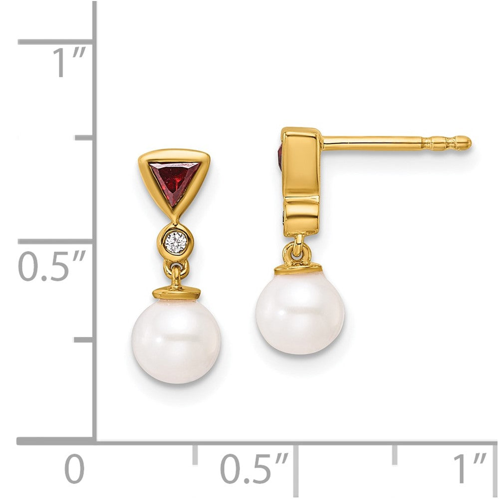 14K Yellow Gold Round Freshwater Cultured Pearl/.02 carat Diamond/Trillion Ruby Dangle Post Earrings