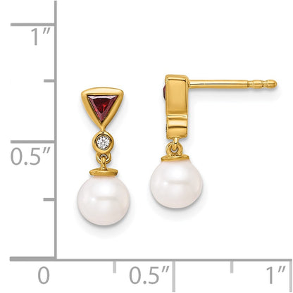 14K Yellow Gold Round Freshwater Cultured Pearl/.02 carat Diamond/Trillion Ruby Dangle Post Earrings