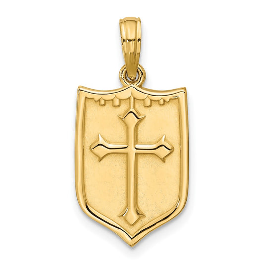 14K Yellow Gold Polished Shield with Cross Pendant