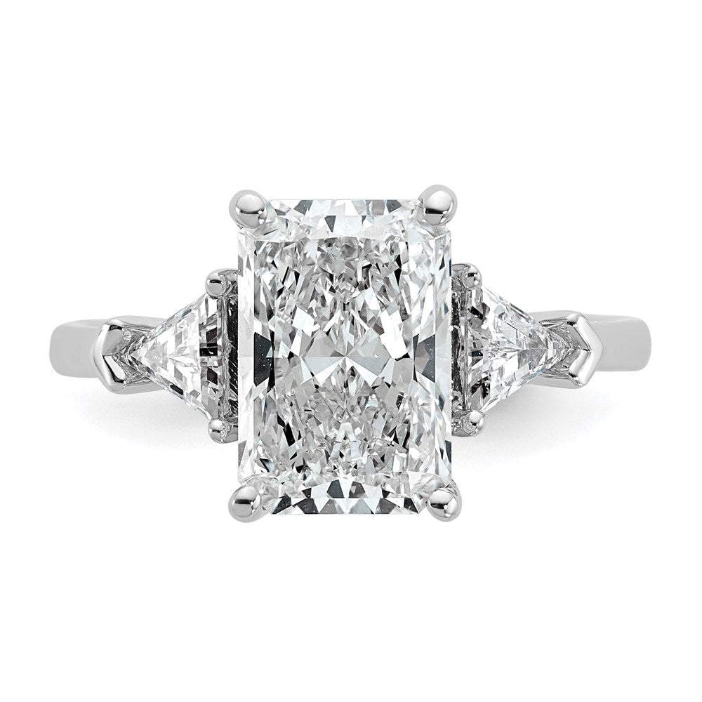 14K White Gold 5/8 carat Lab Grown Diamond VS+ F+ Triangle 2 1/2 carat Radiant Center Semi Mount Three Stone Engagement Ring