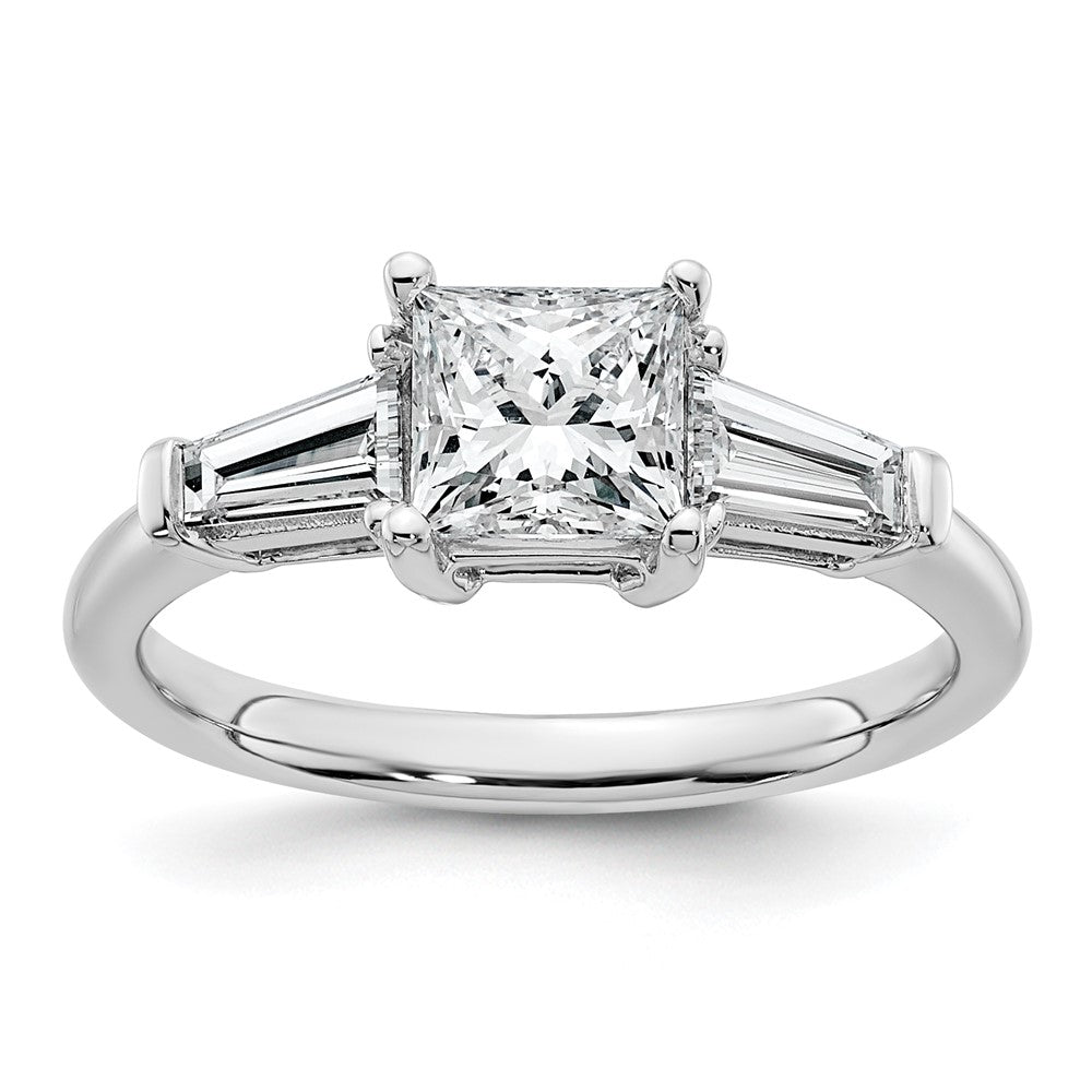 14K White Gold 1 1/2 carat Lab Grown Diamond VS+ F+ Princess and Tapered Baguette Complete Three Stone Engagement Ring