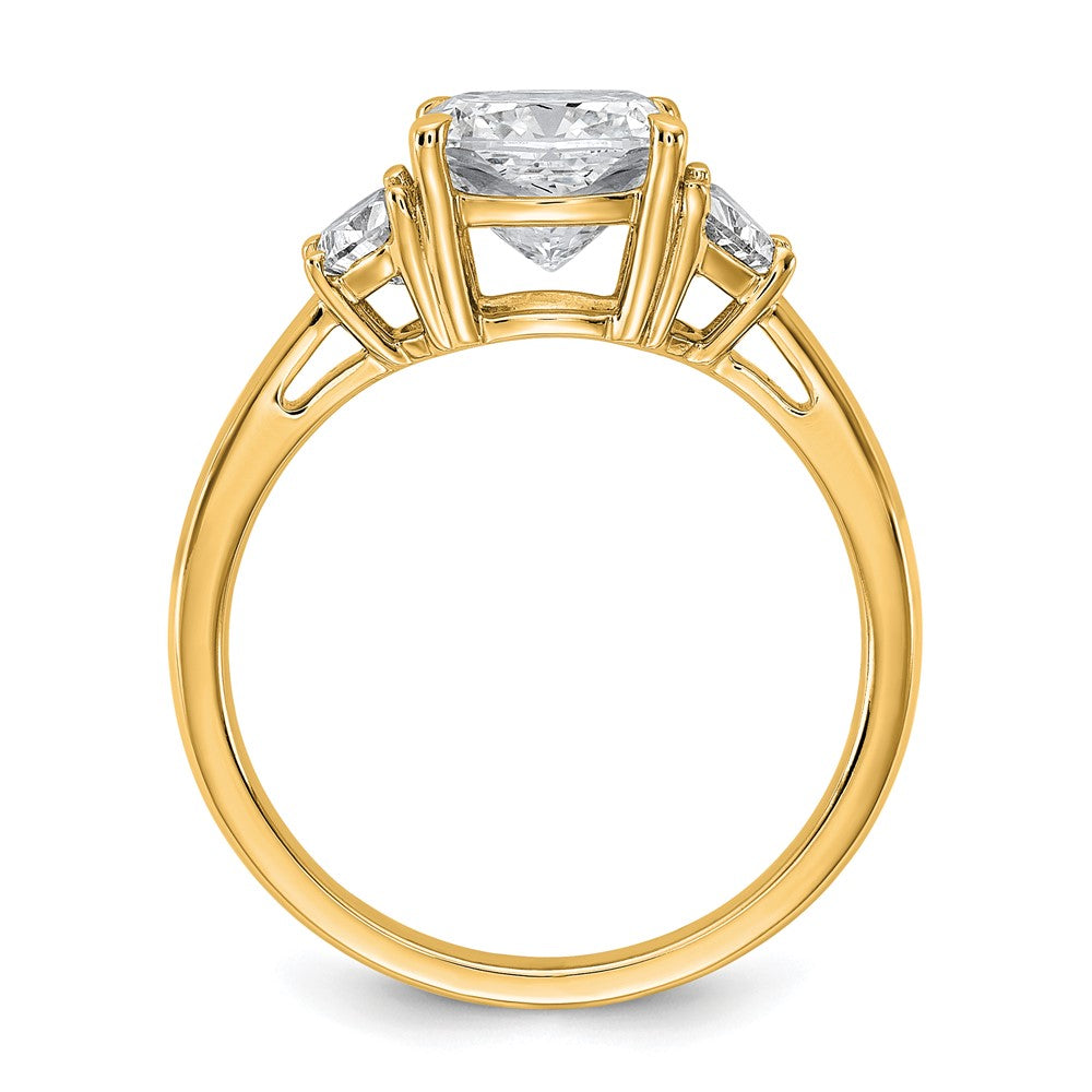 14K Yellow Gold 1/2 carat Lab Grown Diamond VS+ F+ Half Moon and 2 carat Cushion Center Semi Mount Three Stone Engagement Ring