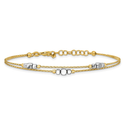 14K Two-Tone Gold Polished Diamond-cut Double Strand Beaded 7 Inch Bracelet with 1 Inch Extension