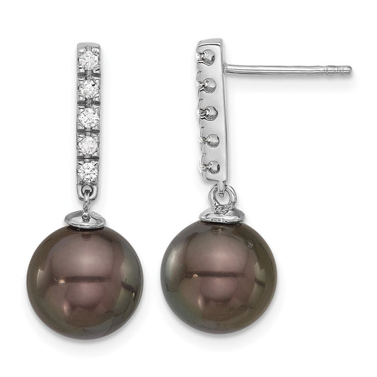 14K White Gold 9-10mm Black Round Tahitian Saltwater Cultured Pearl and .20c Carat Diamond Post Dangle Earrings