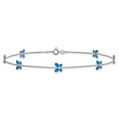 14K White Gold Blue Enameled Butterflies 7-Station 10 Inch Anklet