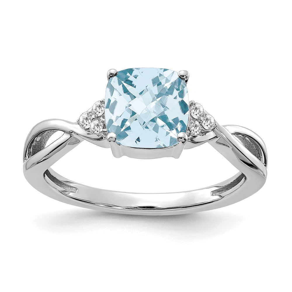 14K White Gold 7mm Cushion Checkerboard March/Aquamarine and Diamond Ring