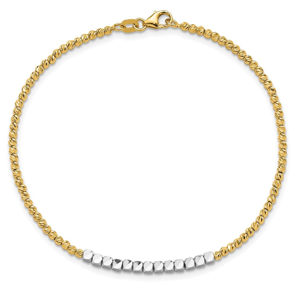 14K Two-Tone Gold Two-tone Diamond-cut Square and Round Beaded 7.5 Inch Bracelet