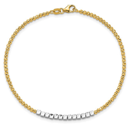 14K Two-Tone Gold Two-tone Diamond-cut Square and Round Beaded 7.5 Inch Bracelet
