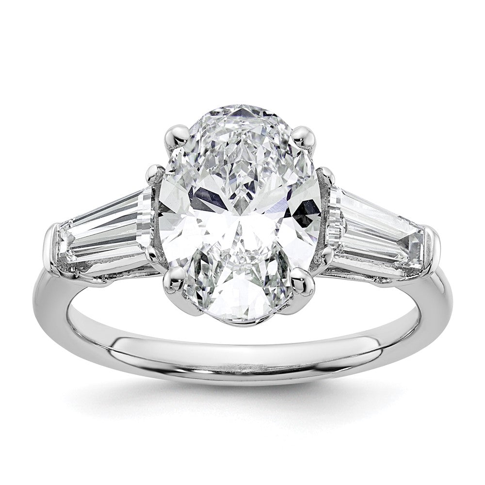 14K White Gold 3 1/5 carat Certified Lab Grown Diamond VS+ F+ Oval and Tapered Baguette Complete Three Stone Engagement Ring