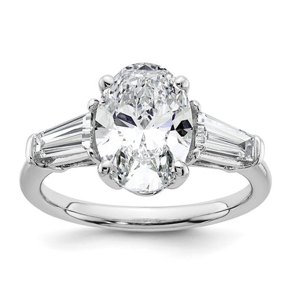14K White Gold 3 1/5 carat Certified Lab Grown Diamond VS+ F+ Oval and Tapered Baguette Complete Three Stone Engagement Ring