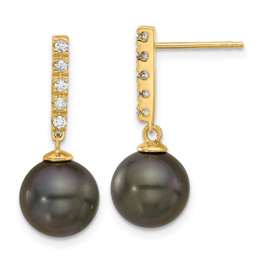 14K Yellow Gold 9-10mm Black Round Tahitian Saltwater Cultured Pearl and .20 Carat Diamond Post Dangle Earrings