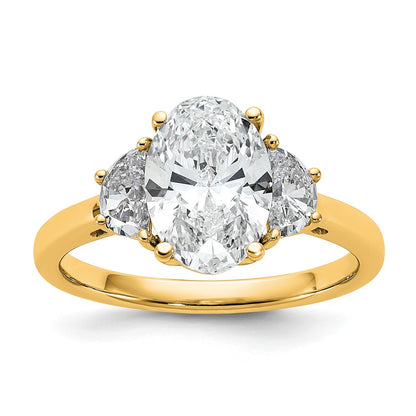 14K Yellow Gold 1/2 carat Lab Grown Diamond VS+ F+ Half Moon and 2 carat Oval Center Semi Mount Three Stone Engagement Ring