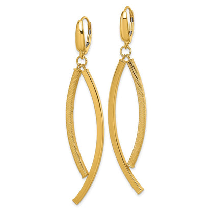 14K Yellow Gold Polished and Textured Curved Bars Dangle Leverback Earrings